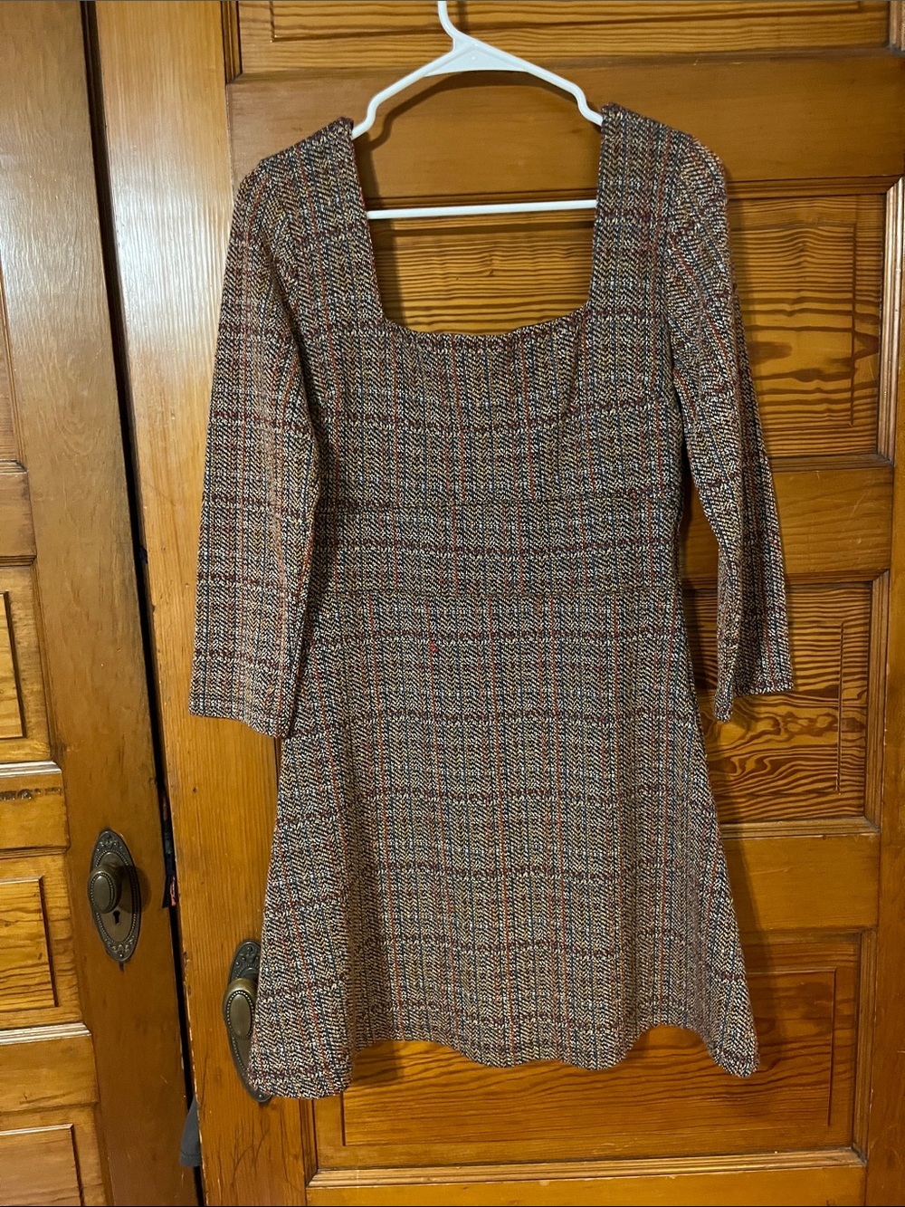 Free People Plaid Square-Neck A-Line Dress in Brown